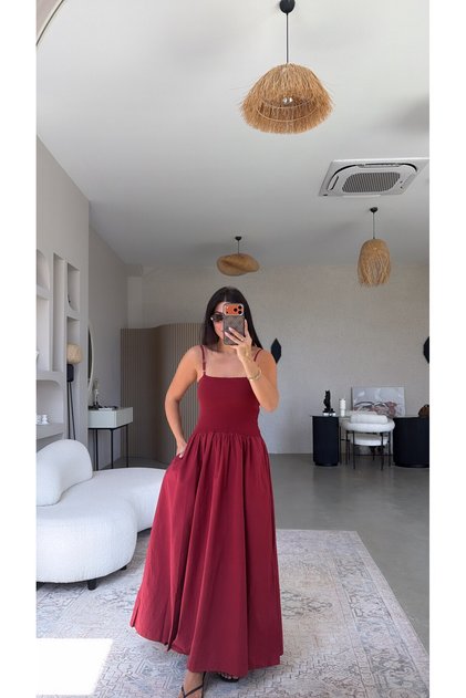 Burgundy Ribbed Top and Poplin Fabric Bottom Dress