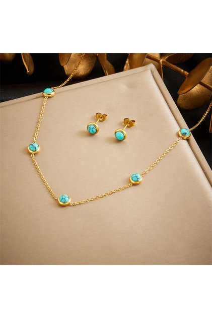 N2733 DIEYURO 316L Stainless Steel Round Turquoise Necklace Bracelet Earrings Suit For Womens 2024 N