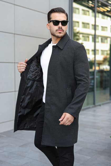 Men's Anthracite Wide Fit Long Shirt Collar Overcoat & Cashmere Coat
