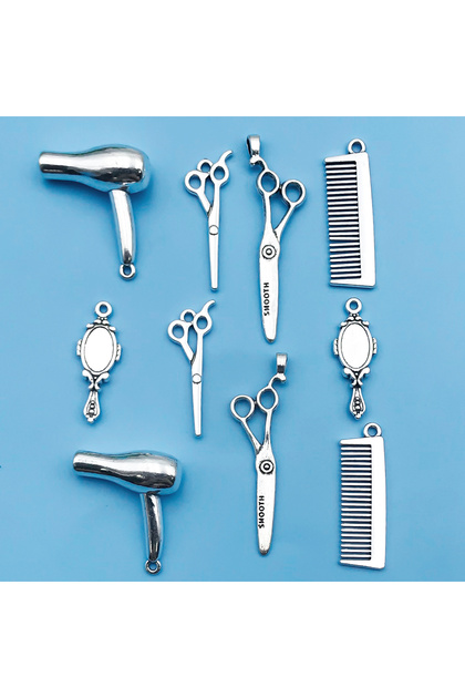 SN442 6/10Pcs Antique Silvery Barber Tool Charms Hairdrier Scissors Comb Makeup Mirror Shape Pendant