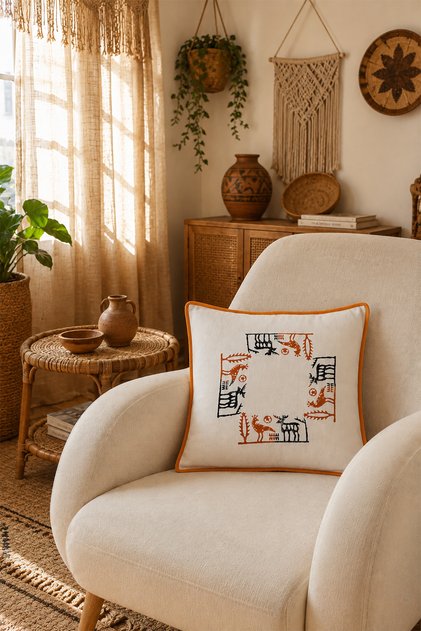 Ethnic Pattern, Stone Printed Throw Pillow Cover-Natural&Mustard