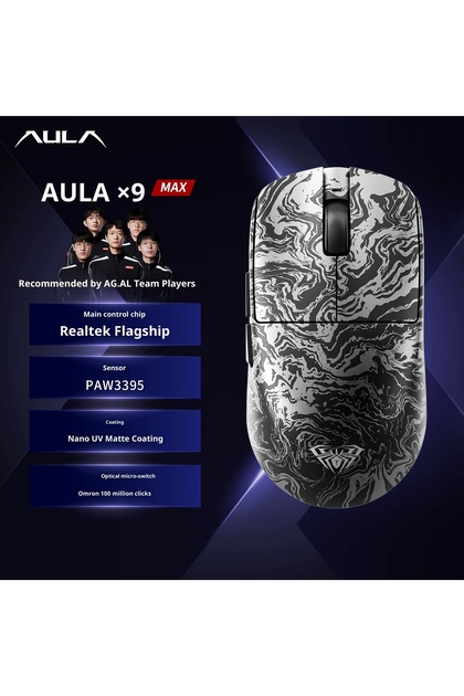 AULA X9 Max Black AULA X9 Max Ultra Gaming Mouse Wireless Tri Mode Dual 8KHz 500mAh PAW3950 Lightwei