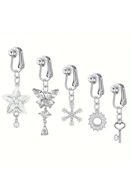 Geometric Surface and Dermal Navel & Bell Button Rings Style C 5Pcs Rhinestone Heart Butterfly Dangl