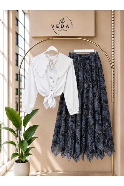 Women's Scallop Collar Shirt - Patterned Asymmetrical Cut Skirt Set Black