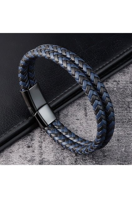 Blue Men Black Blue Braided Genuine Leather Bracelet Double Band Bangle