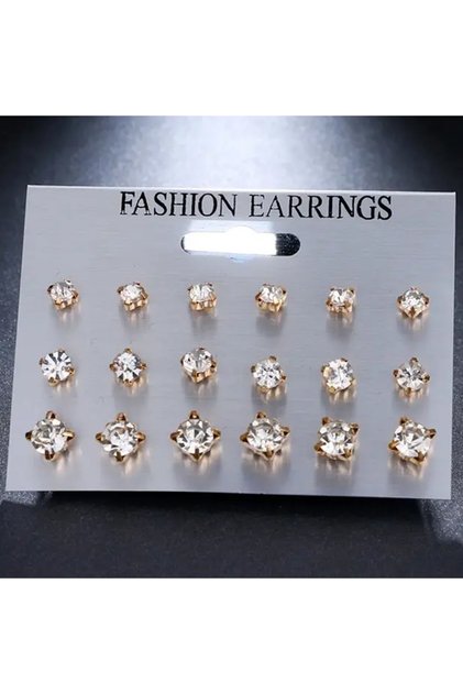 Golden 9-Pairs Sparkling Classic Stud Earrings Set for Women,Rhinestone Studded, Perfect for Everyda