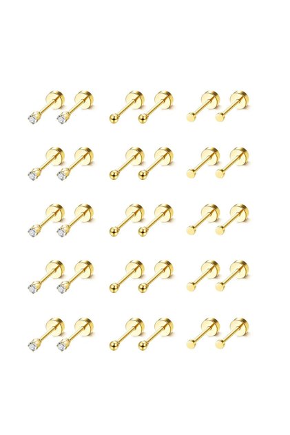 15Pairs Set 2mm Gold 15 Pairs Tiny Surgical Steel Gold Stud Earrings, Comfortable Screw Back Flat Ba