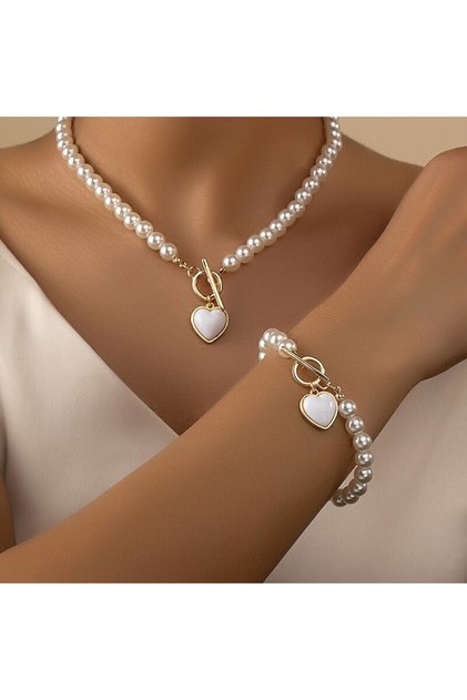 SKU2 2 Pcs Immitation Pearl Necklace Bracelet Jewelry Set Elegant Pearl Color Pendant Natural Color