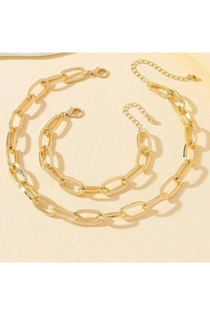 sku2 2 PCS Set Gold Color Link Chain Necklace Bracelet Set Punk Bracelet Big Link Chain Dubai Africa