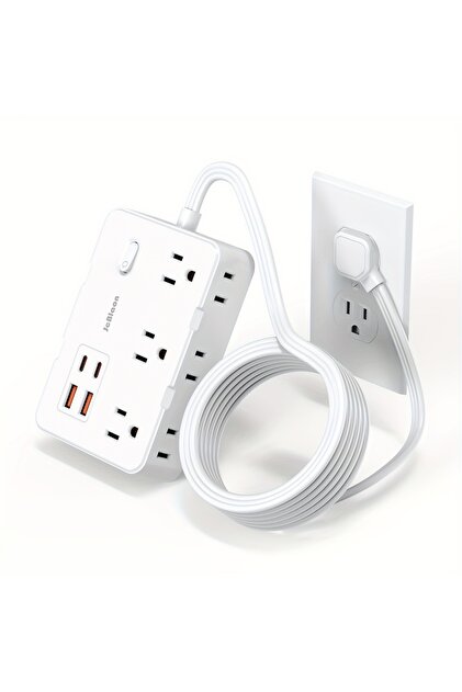 US 6 White Surge Protector Ultra Thin Flat US Plug with 6 Widely Outlets 4 USB Ports,5ft Extender Ca