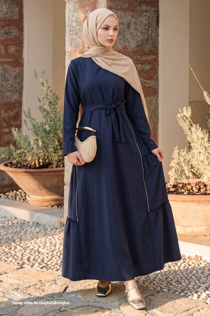 Modal Navy Blue Dress with Side Zipper Detail