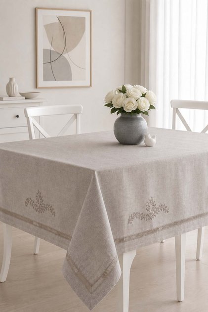 Elegant Embroidered Linen Tablecloth with Lace-Stone