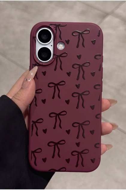 iPhone 17 Uyumlu Bordo Fiyonk Desenli Kadifemsi Soft Touch Silikon Telefon Kılıfı