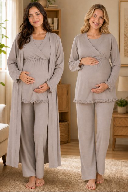 Maternity Pajama Set with Hidden Nursing Feature and Cotton Robe Effortt - Beige