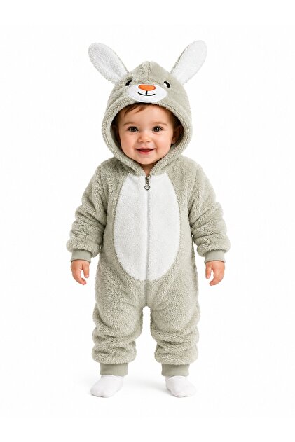 Sweet Rabbit Patterned Welsoft Baby Romper Hooded Plush Zippered Winter Unisex Baby Romper