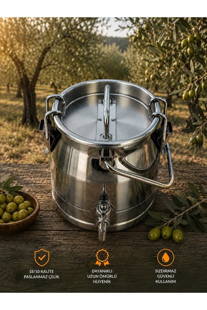 5 Litre Zeytinyağı Güğümü - Musluklu - Paslanmaz Çelik - Klips Kapaklı