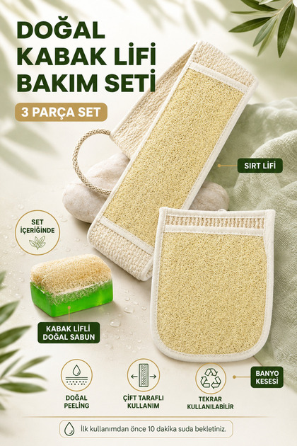 Long Pumpkin Fiber Bath Back Scrub, 75 cm + Double Sided Scrub, Bath Glove 100% Natural + Gift
