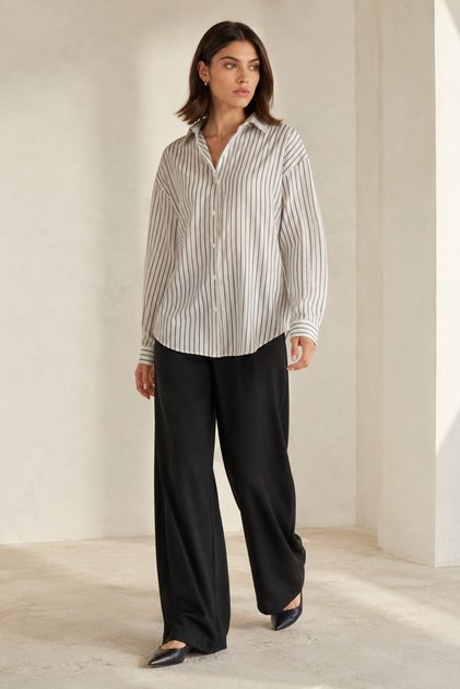 Black Oxford Textured Fabric Relaxed Cut Striped Shirt 1500073