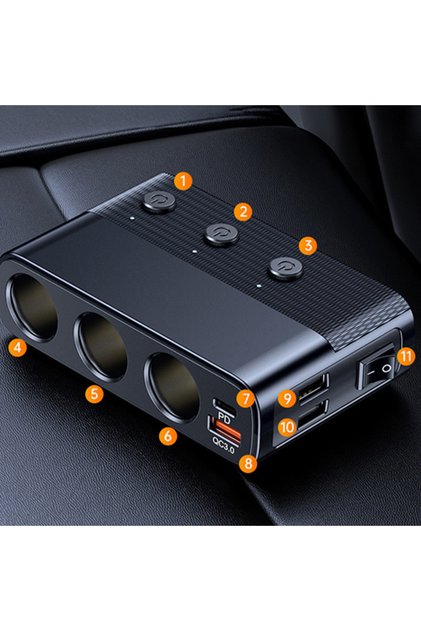 black 7-in-1 128W Car Charger Adapter PD QC3.0 Socket Cigarette Lighter Splitter C28 Conversion Plug