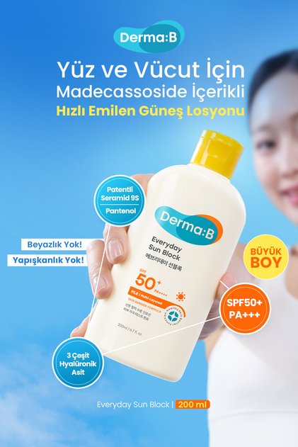 For Face & Body, Fast-Absorbing, Skin Moisturizing Sunscreen Derma:B Everyday Sun Block Spf50+
