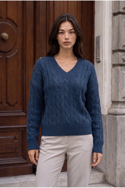 Alina Braided Hair V-Neck Women's Knitwear Sweater - Indigo