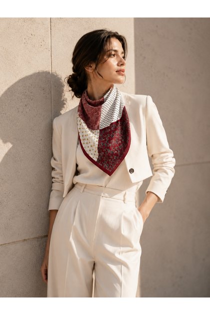Eșarfă de damă din bumbac cu model patchwork burgundy 70x70 importată FLR6019