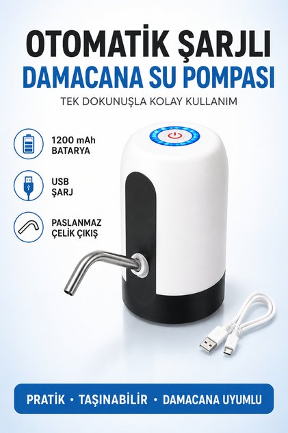 Damacana Su Pompası Otomatik Şarjlı Elektrikli USB 1200 Mah Tek Dokunuş Beyaz