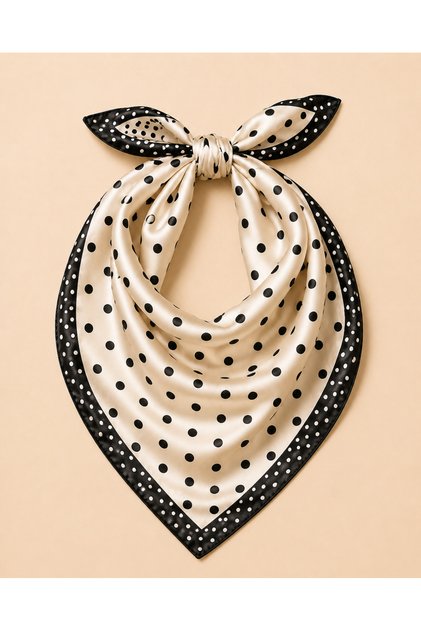 Women's Polka Dot 50X50 cm Satin Scarf, Black Edged Silky Textured Square Neck Hair and Bag Accessory