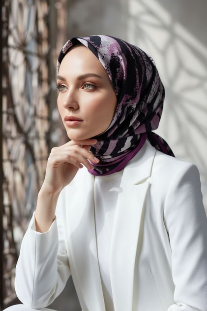 KREP ZEBRA DESENLİ MÜRDÜM - SİYAH RENKLİ 75X195 KIRIŞMAZ ŞAL