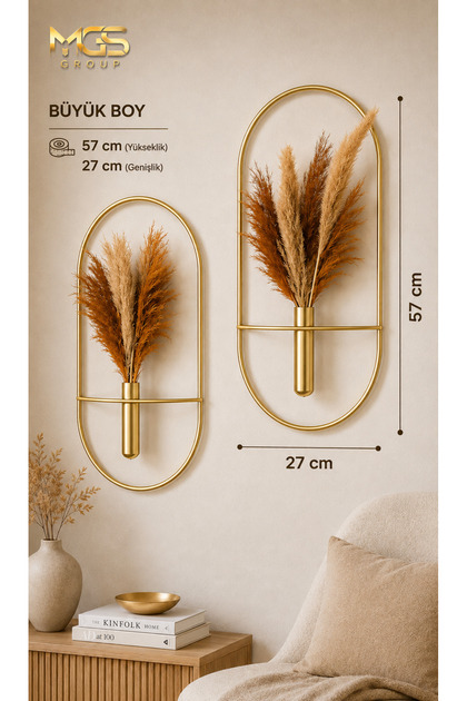 Gold Oval 2 Li Duvar Çiçekliği Dekoratif Duvar Çiçekliği ölçü G 27*U 57NOT: PAMPASLAR DAHİL DEĞİLDİR