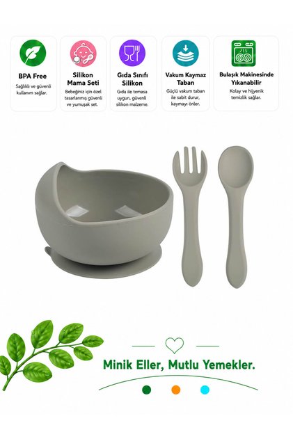Vacuum Silicone Baby Bowl, Six Vacuum Baby Bowl, Silicone Spoon-fork / Grey