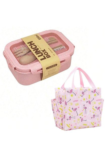 800ml 2 2 Pink with bag 1pc Wheat Straw Lunch Box, Bento Box for Students, Portable Sealed Compartme