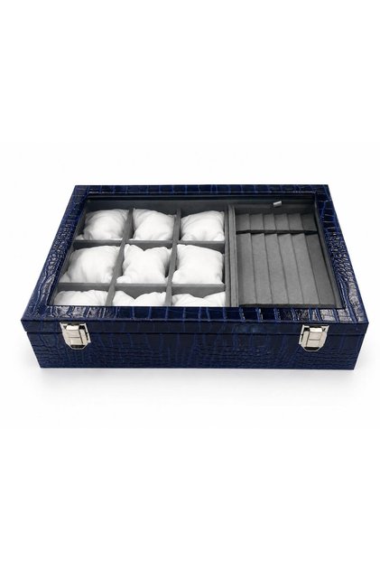 Watch and Prayer Beads Box with 9+ Prayer Bead Compartments, Crocodile Navy Blue