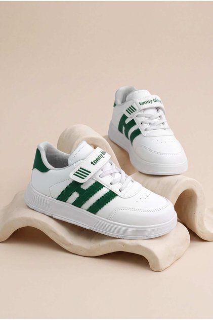 Çocuk Unisex Beyaz Yeşil Rahat Kalıp Düz Hafif Tabanlı Sneaker