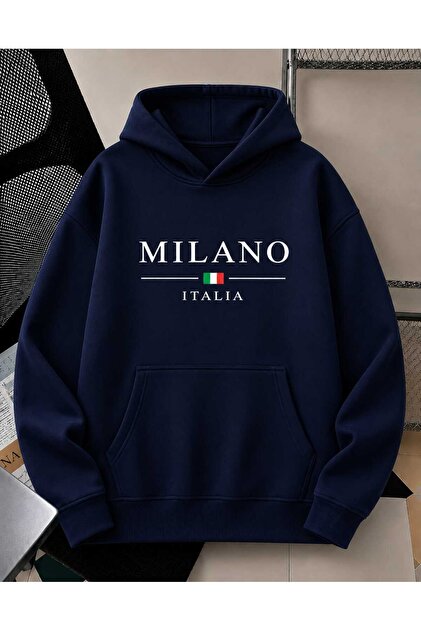 Unisex Erkek/Kadın MILANO Renkli Özel Baskılı Pamuklu Oversize Kapüşonlu Sweatshirt