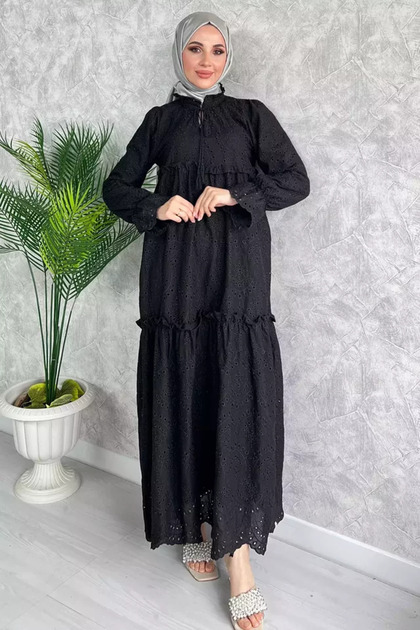 Scalloped Hijab Long Dress with Collar Tie