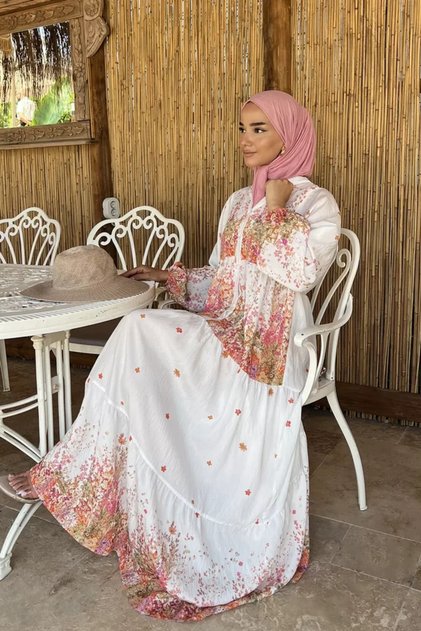 Patterned Summer Hijab Dress with Elasticated Sleeves and Front Button Detail