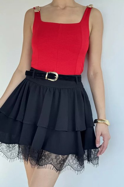 Women's Layered Skirt with Belt Accessories and Lace Detail