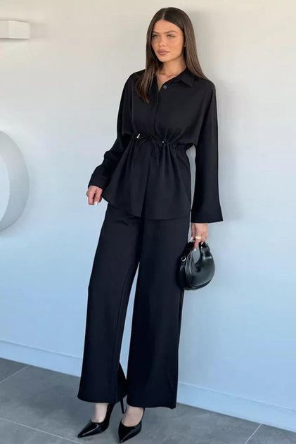 Gülseli Women's Elastic Waist Pants and Tie-Waist Shirt Double Set