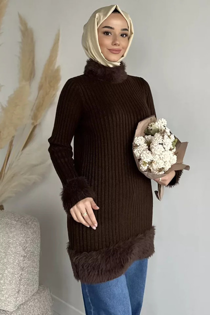 Gülseli Plush Detailed Self-Line Patterned Hijab Knitwear Tunic