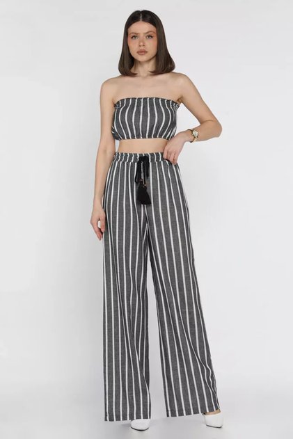 Women's Stripe Patterned Strapless Crop Top Blouse Palazzo Trousers Two Piece Set