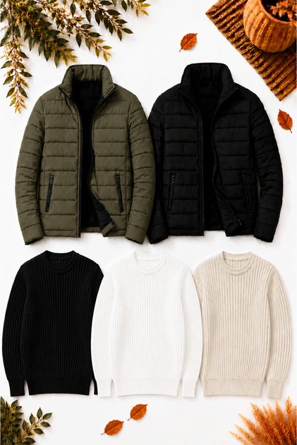 Men's 5-Piece Winter Combination Set – 2 Quilted Zippered Coats + 3 Crew Neck Cotton Ribbed Thick Knit Sweaters