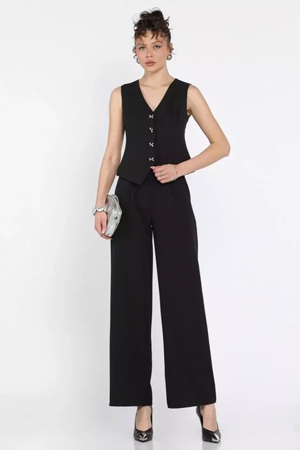 Button Detailed Lined Women's Vest Trousers Double Suit