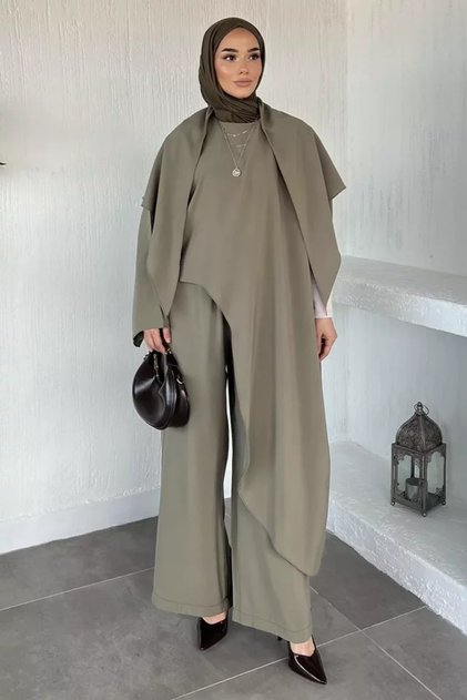 Elastic Waist Trousers Special Design Poncho Blouse Islamic Clothing Two-Piece Set