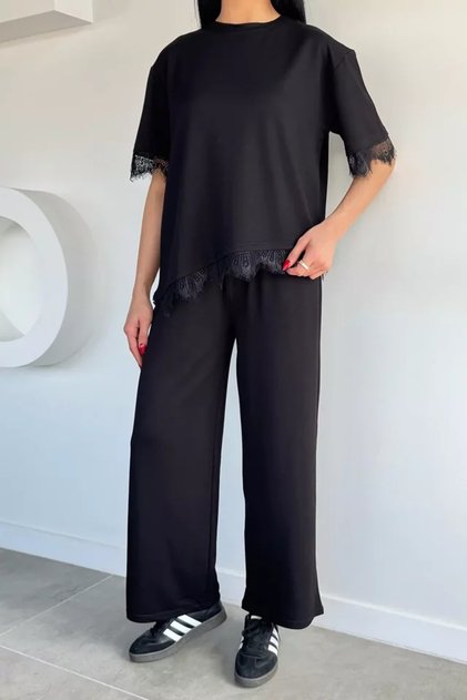 Gülseli Women's Elastic Waist Pants Lace Detailed T-Shirt Double Set