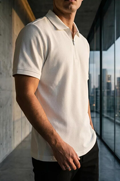 Men's Polo Collar Half Zip Self Patterned T-Shirt