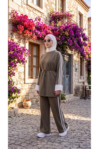Women's Belted White Cuffed Striped Double Suit