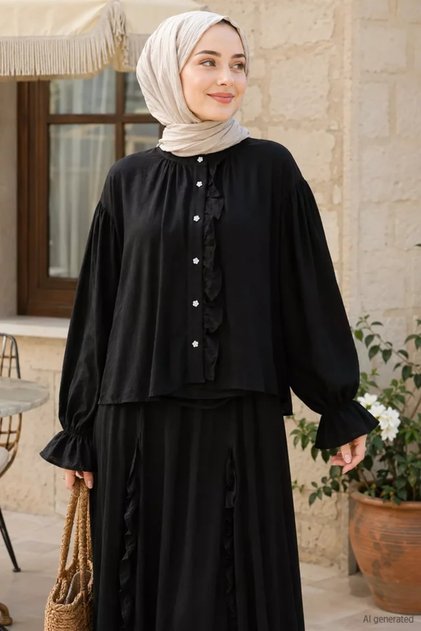 Gülseli Ruffled Shirt and Elastic Waist Skirt Two-Piece Set