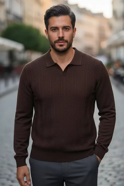 Polo Collar Self-Patterned Men's Knitwear Sweater
