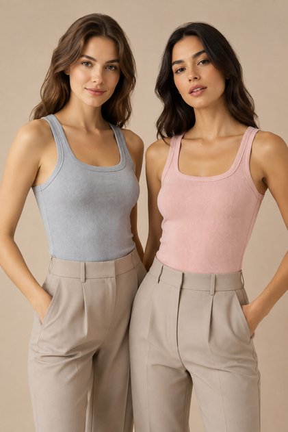Women's 2-Piece Square Collar Wide Strap 100% Cotton Camisole Basic Undershirt Blue-Powder